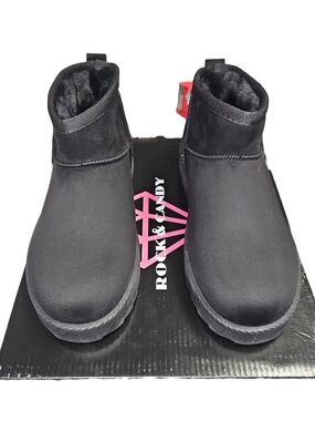 Rock & Candy Idol Black Faux Fur Lined Ankle Boots Size 7.5 Faux Suede NWB